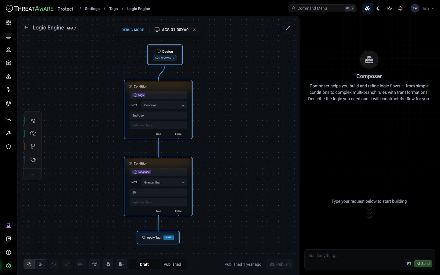 Logic Engine in Debug mode for device ACS-31-00XA0, with the path from Device through two Condition nodes to Apply Tag APAC highlighted