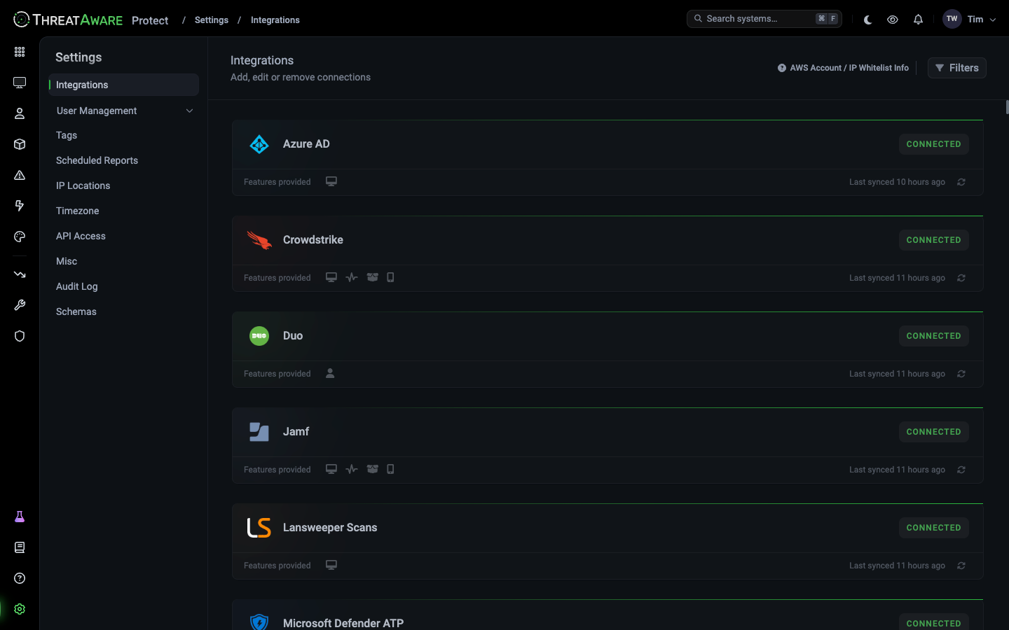 Integrations page showing Azure AD, CrowdStrike, Duo, Jamf, Lansweeper with CONNECTED status, feature icons, and last-synced timestamps