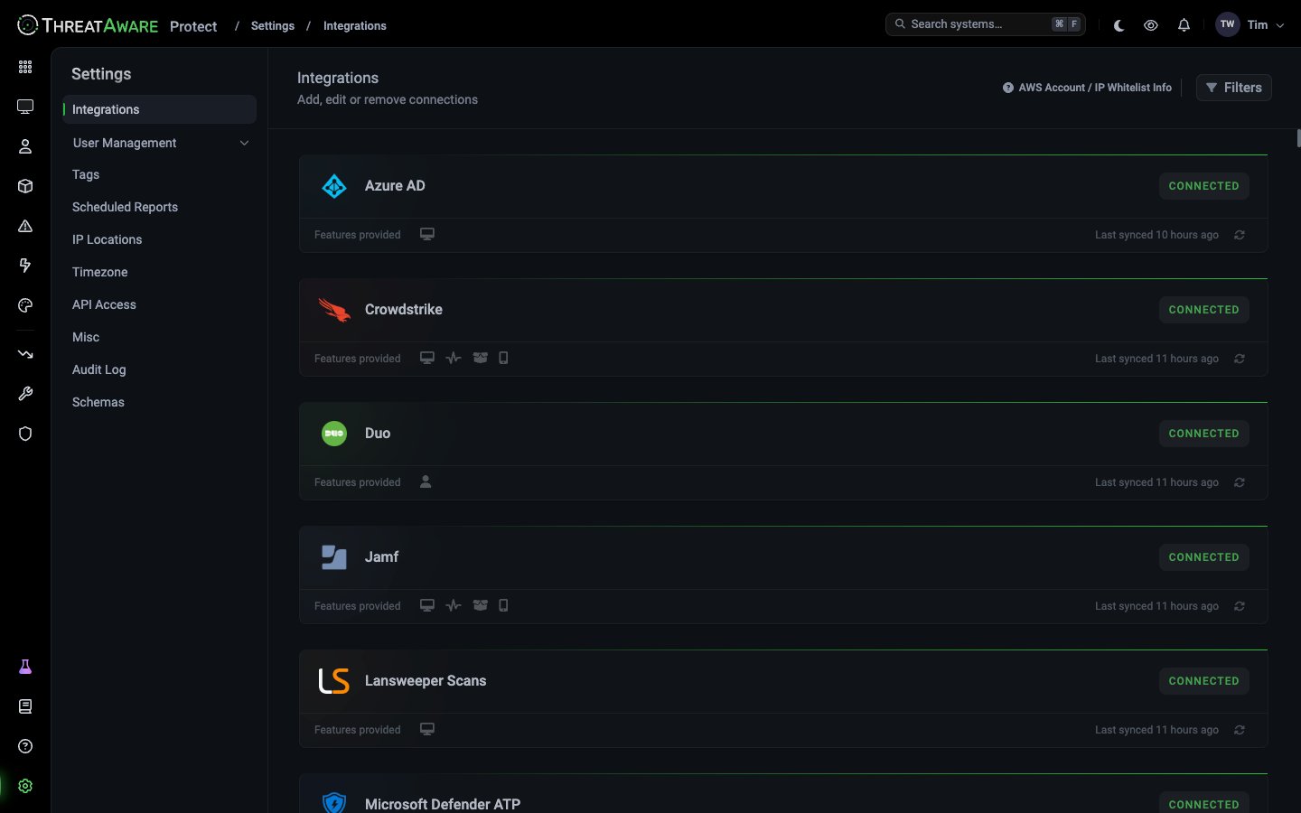 Integrations page with cards for Azure AD, Crowdstrike, Duo, Jamf and Lansweeper Scans, each showing the integration name, Features provided icons, last synced time and a CONNECTED badge
