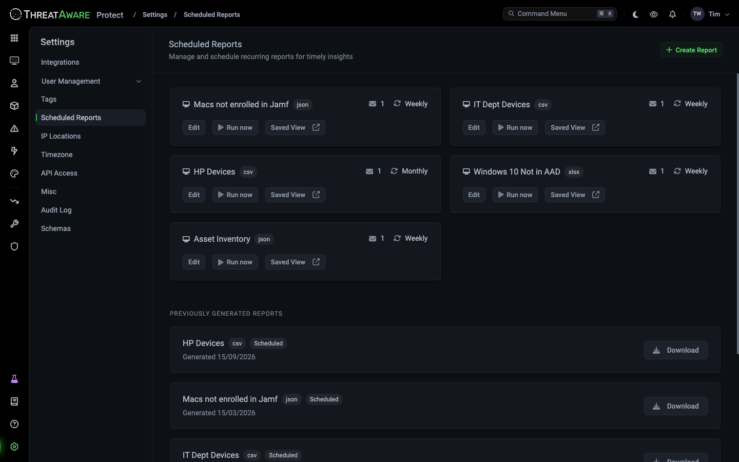 Scheduled Reports page showing five active schedules and a Previously Generated Reports section with Download buttons
