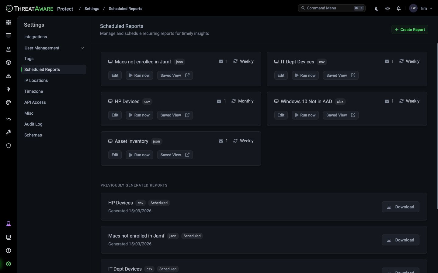 Scheduled Reports page showing five active schedules and a Previously Generated Reports section with Download buttons