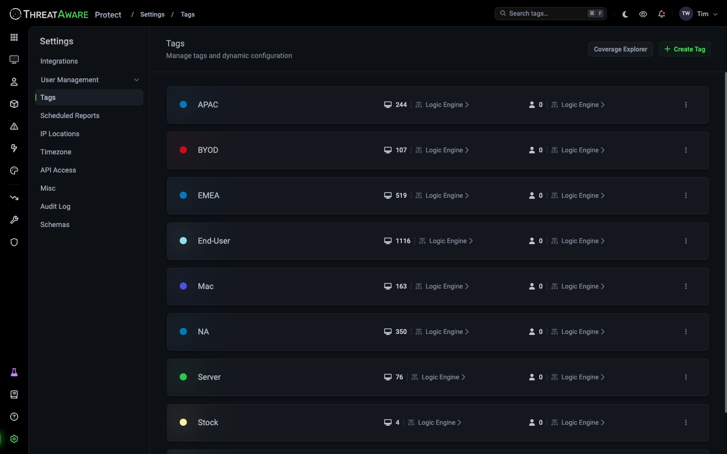 Settings → Tags listing APAC, BYOD, EMEA, End-User, Mac, NA, Server and Stock, each with a device count, a user count and Logic Engine links, plus Coverage Explorer and Create Tag buttons