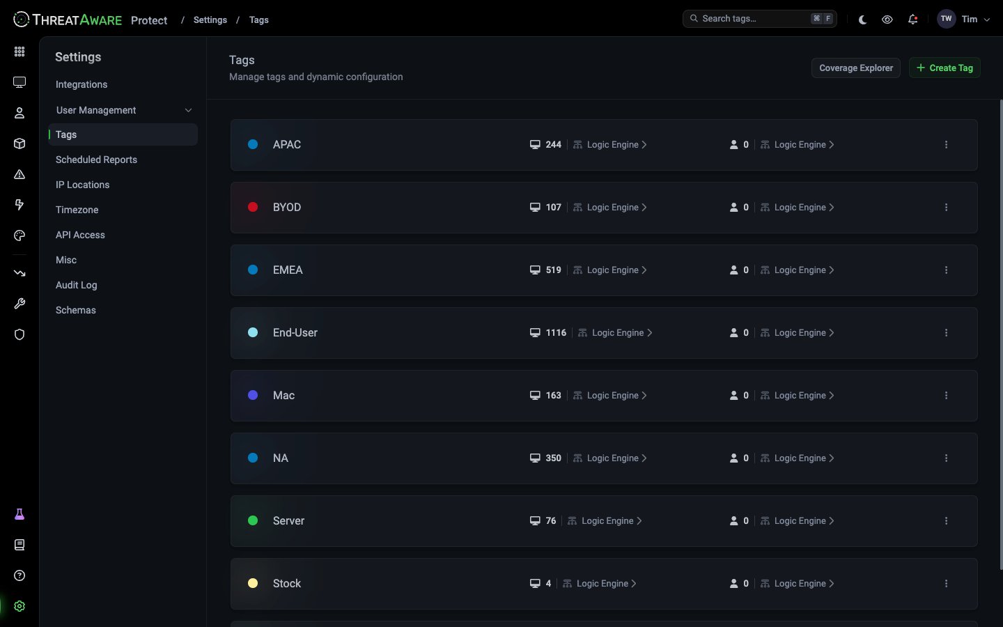 Settings → Tags listing APAC, BYOD, EMEA, End-User, Mac, NA, Server and Stock, each with a device count, a user count and Logic Engine links, plus Coverage Explorer and Create Tag buttons