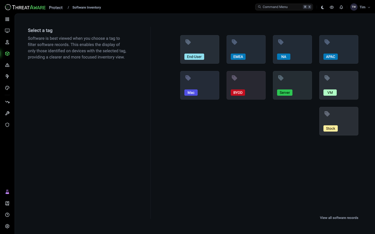 Software Inventory landing page asking you to select a tag: End-User, EMEA, NA, APAC, Mac, BYOD, Server, VM and Stock
