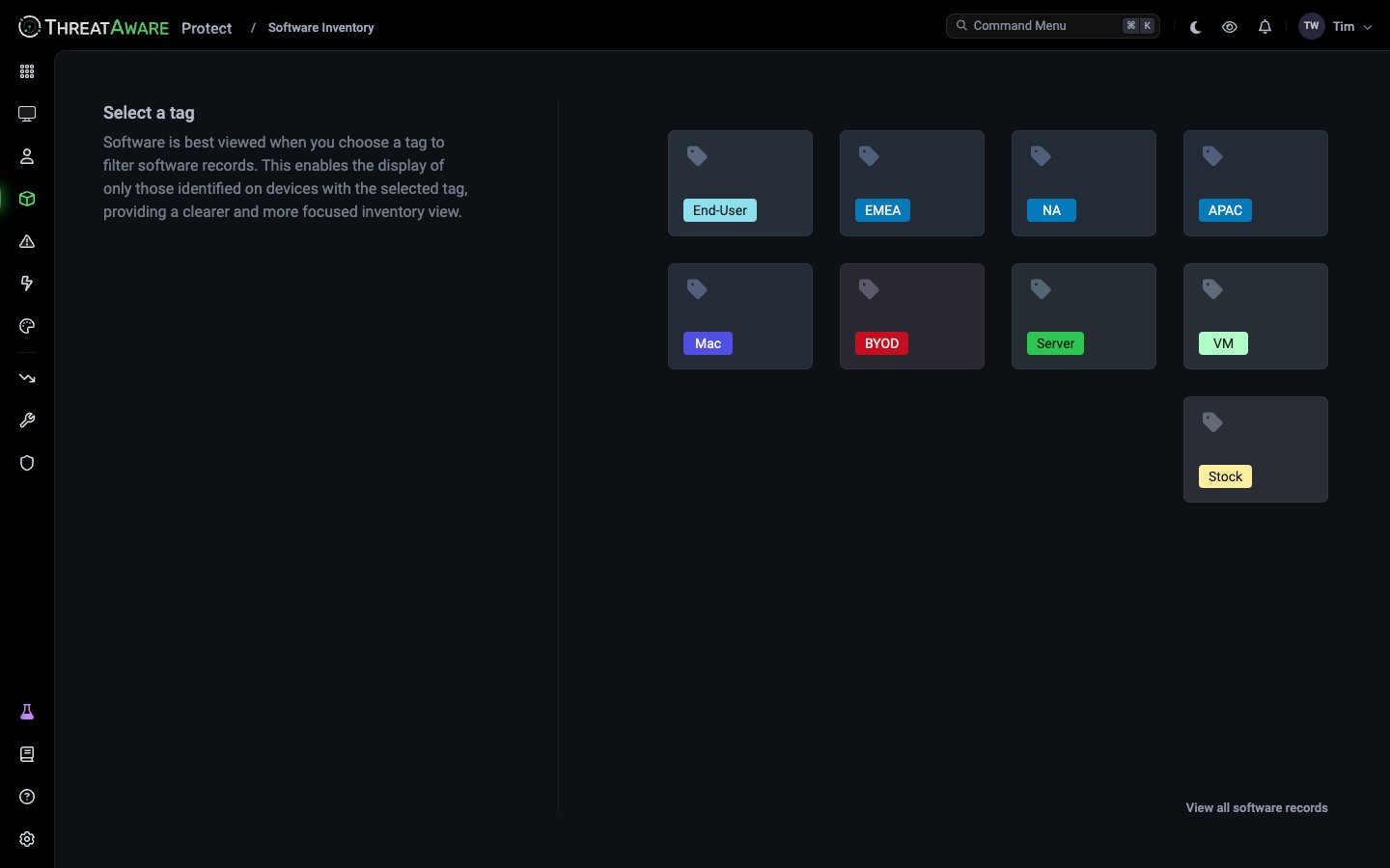 Software Inventory landing page asking you to select a tag: End-User, EMEA, NA, APAC, Mac, BYOD, Server, VM and Stock