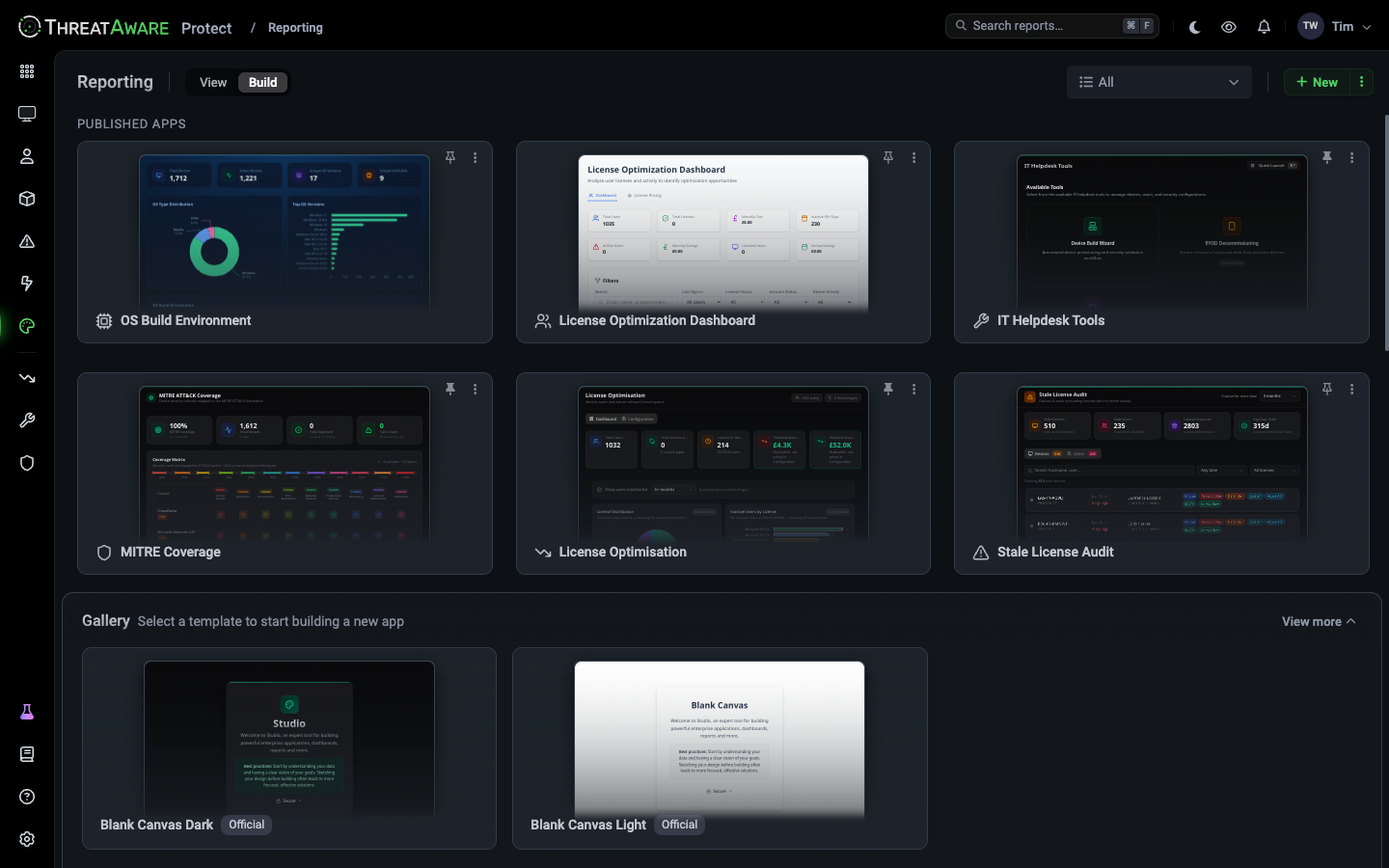 Reporting page in Build mode showing published apps such as OS Build Environment, License Optimization Dashboard, IT Helpdesk Tools and MITRE Coverage, and a Gallery with Blank Canvas Dark and Blank Canvas Light