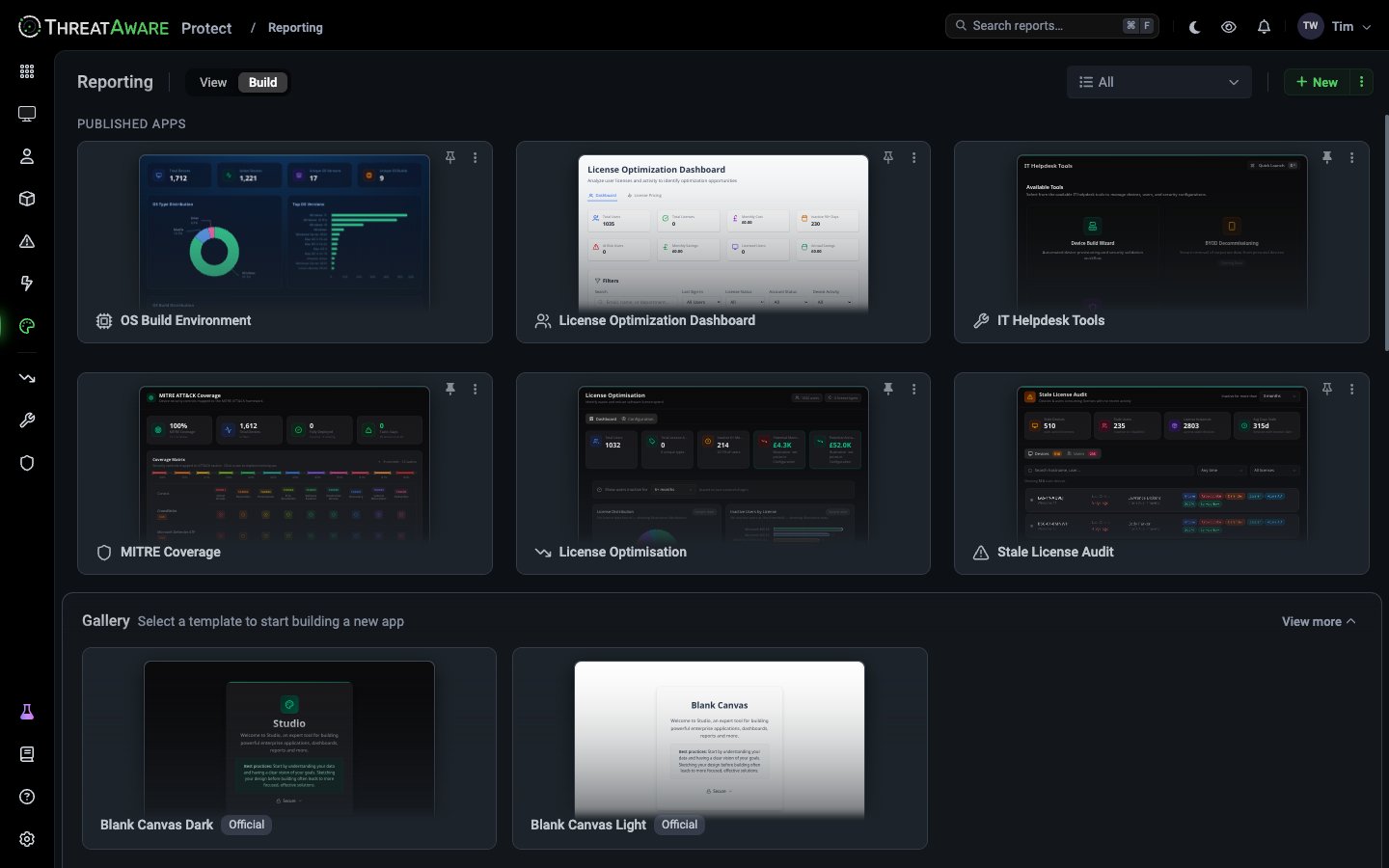 Reporting page in Build mode showing published apps such as OS Build Environment, License Optimization Dashboard, IT Helpdesk Tools and MITRE Coverage, and a Gallery with Blank Canvas Dark and Blank Canvas Light