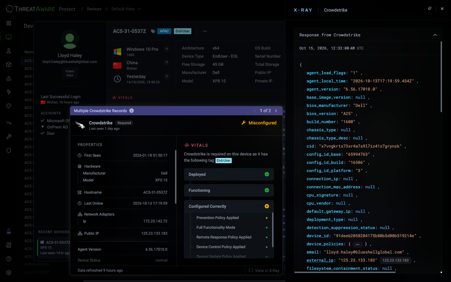 X-Ray panel for CrowdStrike next to a device record, showing Response from Crowdstrike, the fetch time in UTC and the raw JSON response with fields such as agent_version, bios_manufacturer and device_id