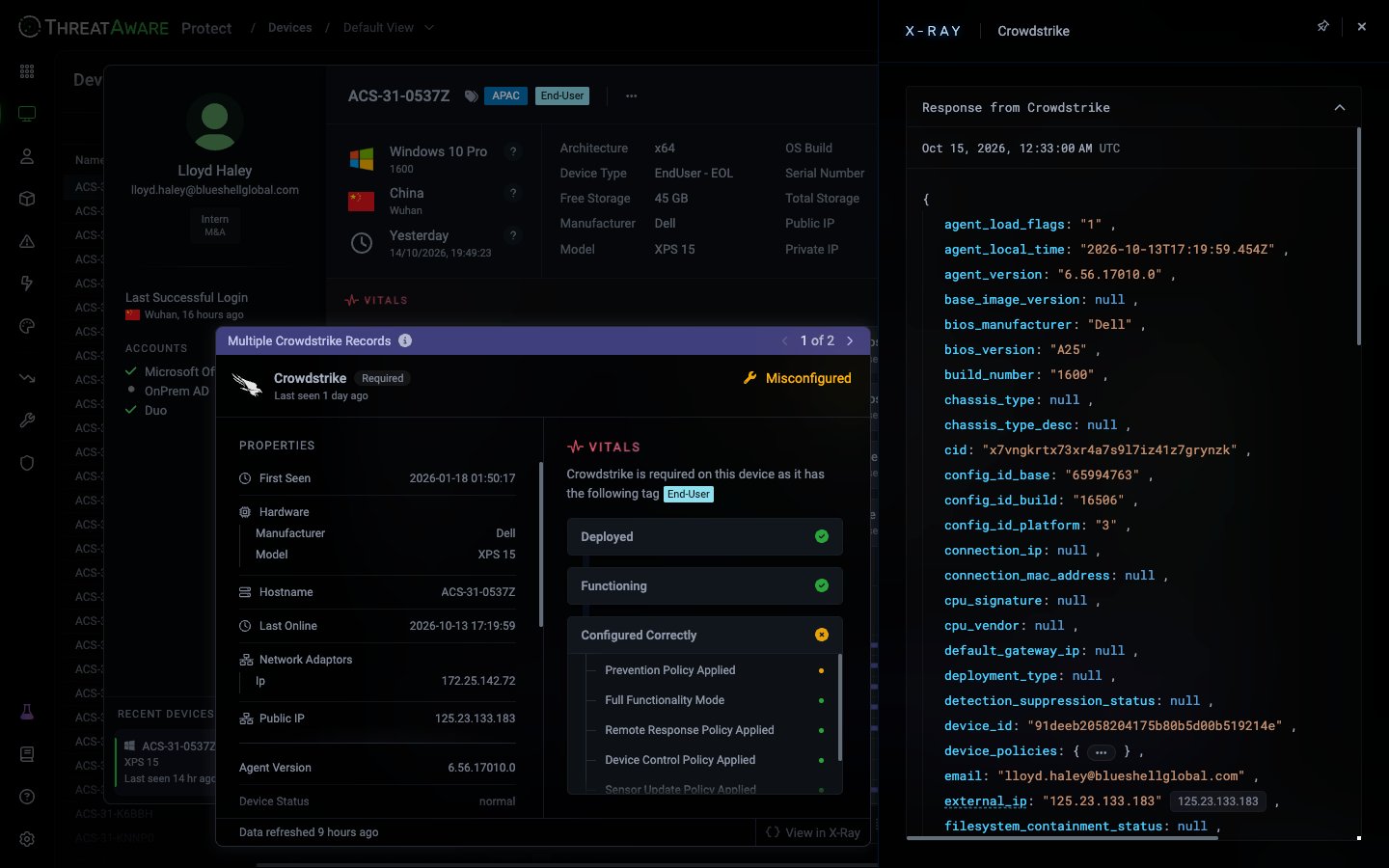 X-Ray panel for CrowdStrike next to a device record, showing Response from Crowdstrike, the fetch time in UTC and the raw JSON response with fields such as agent_version, bios_manufacturer and device_id