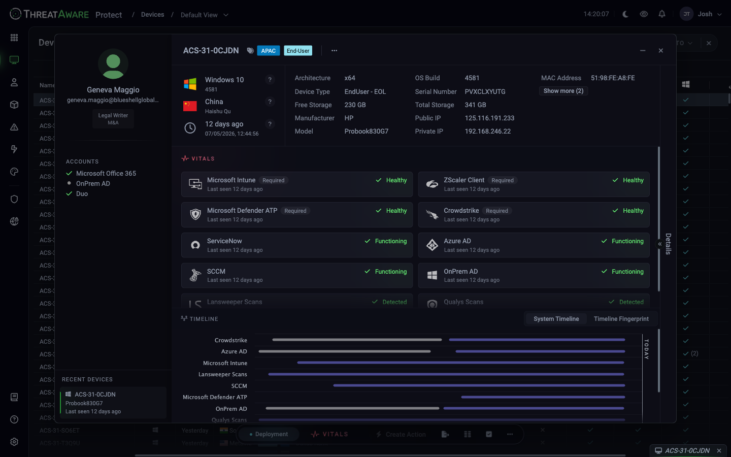Device detail panel with user info, device tabs at top, hardware specs, Vitals tiles, activity timeline, and tags