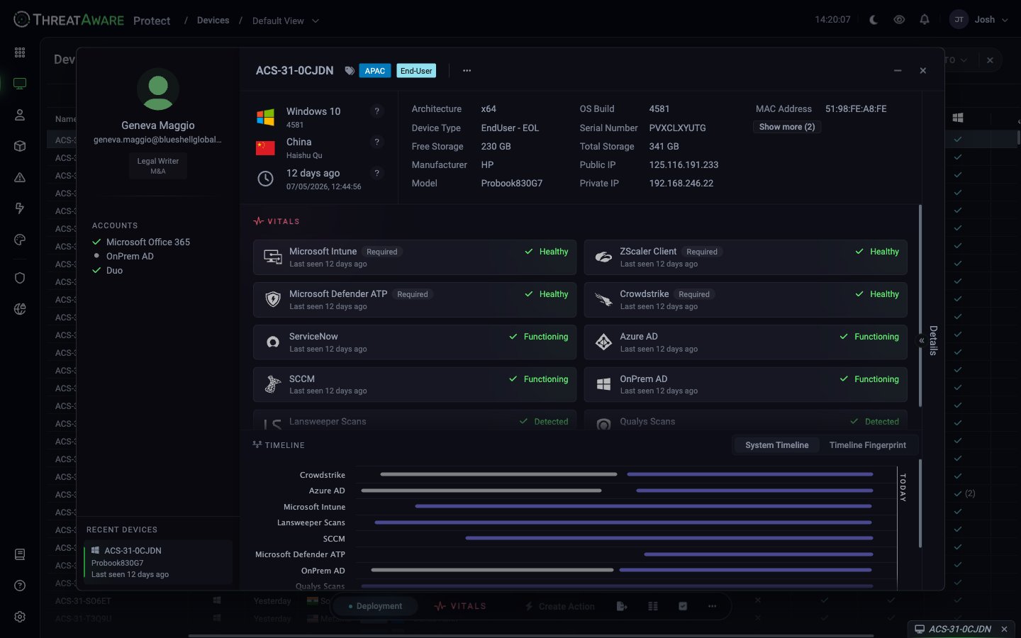 Device detail panel with user info, device tabs at top, hardware specs, Vitals tiles, activity timeline, and tags