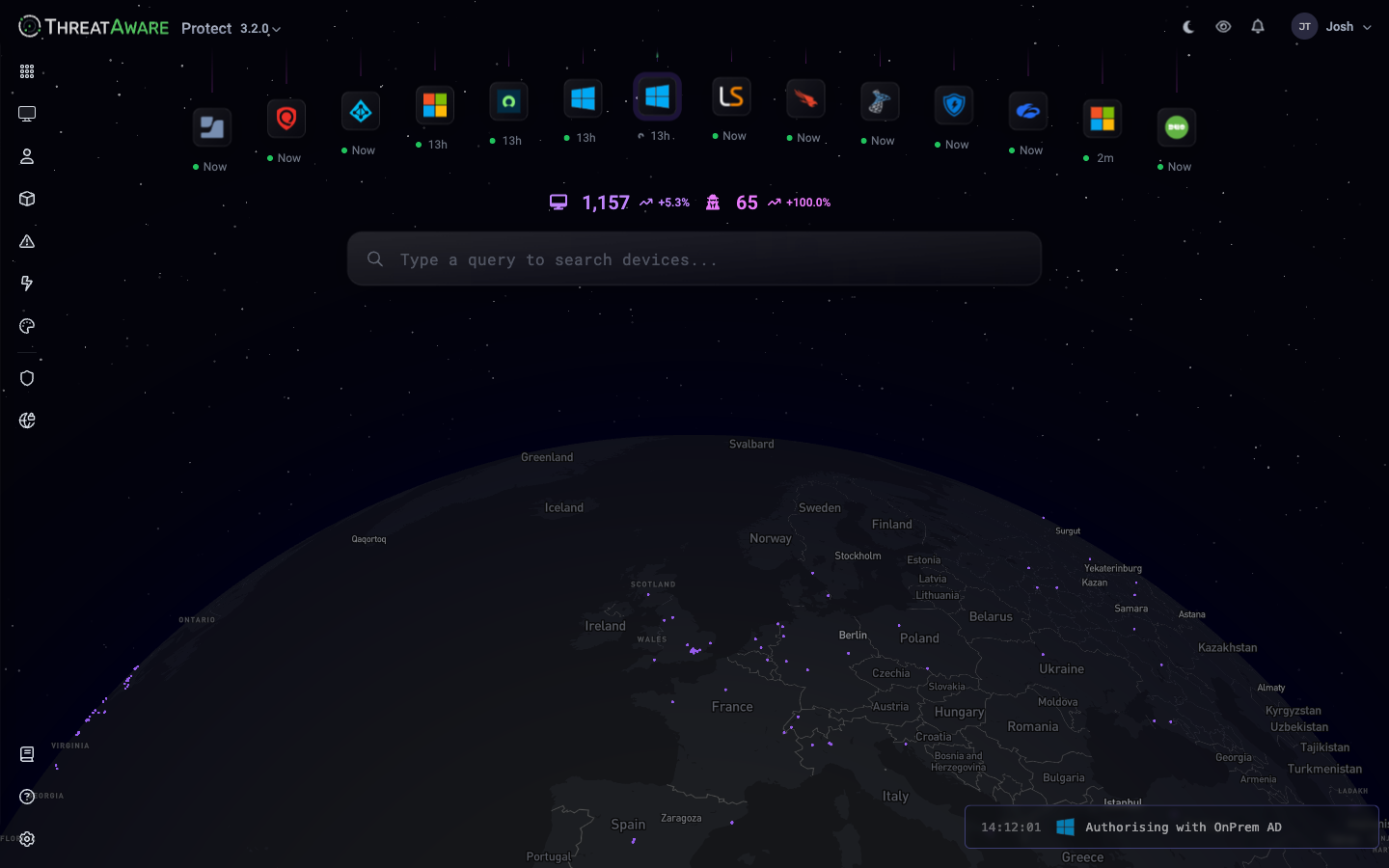 ThreatAware Protect Device Explorer with global device map, integration sync timeline, and command bar