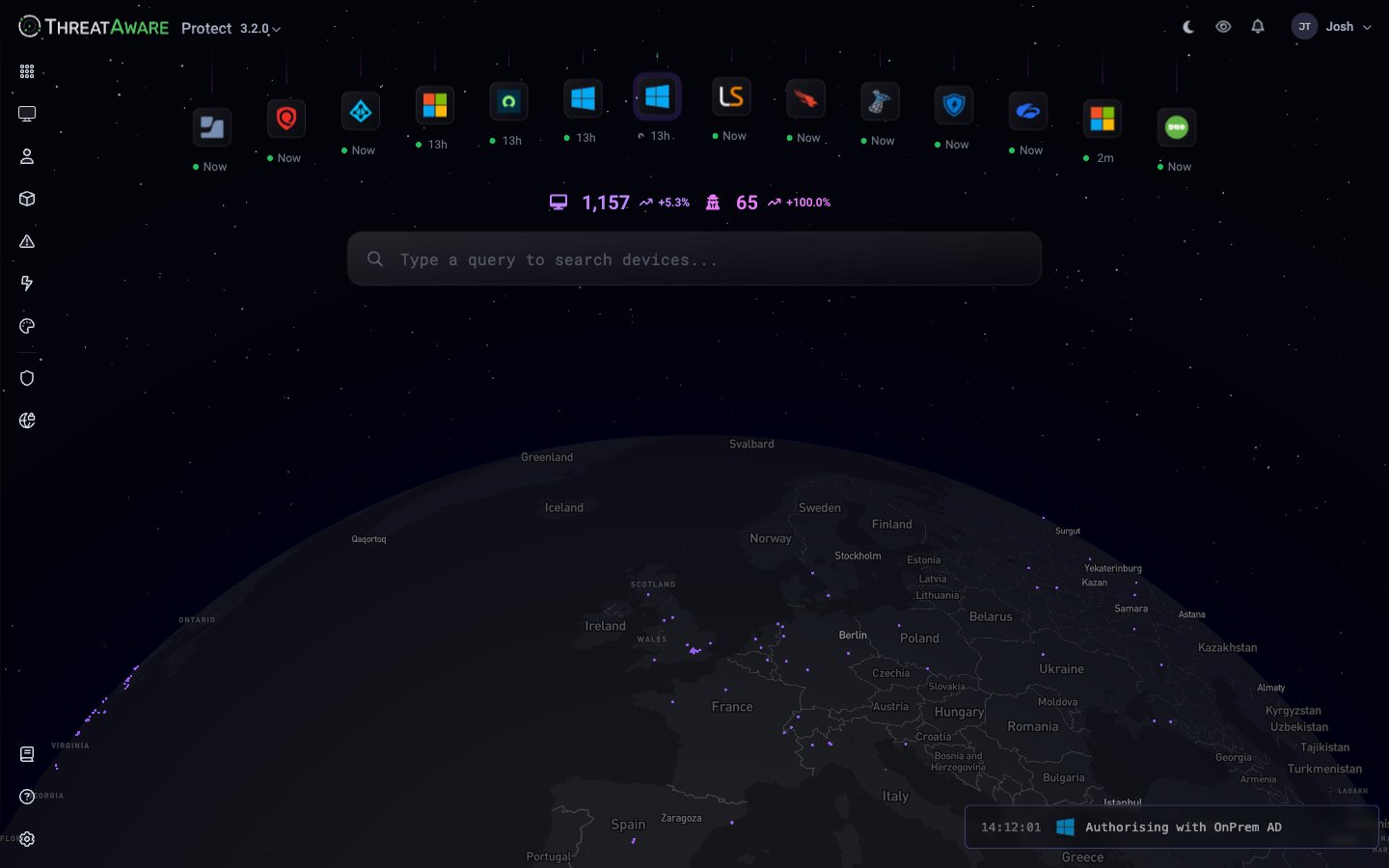 ThreatAware Protect Device Explorer with global device map, integration sync timeline, and command bar