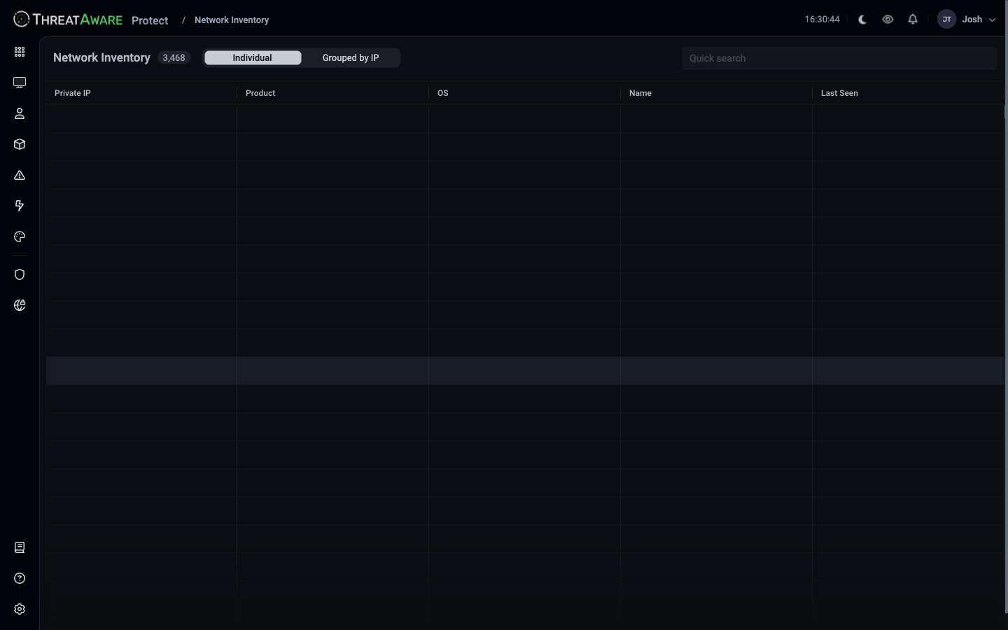 Network Inventory page with Individual / Grouped by IP toggle, count of 3,468, and a table with Private IP, Product, OS, Name, Last Seen columns