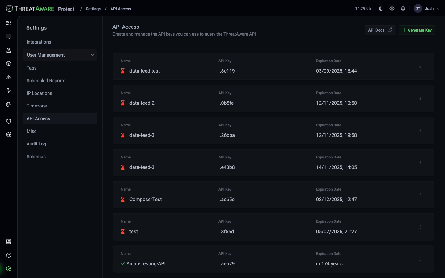 API Access page with table of tokens — Name, API Key (last chars), Expiration Date — and Generate Key button