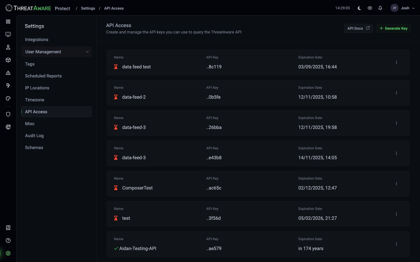 API Access page with table of tokens — Name, API Key (last chars), Expiration Date — and Generate Key button