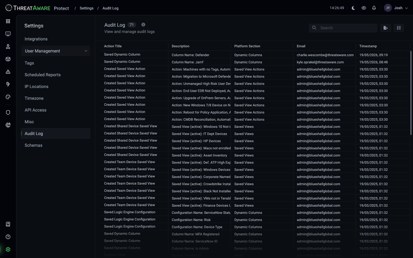 Audit Log table with columns Action Title, Description, Platform Section, Email, Timestamp