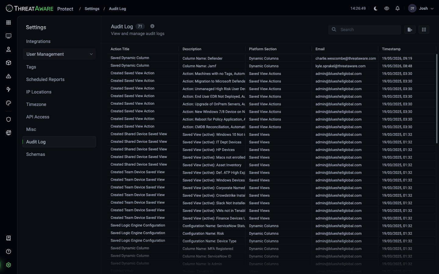 Audit Log table with columns Action Title, Description, Platform Section, Email, Timestamp