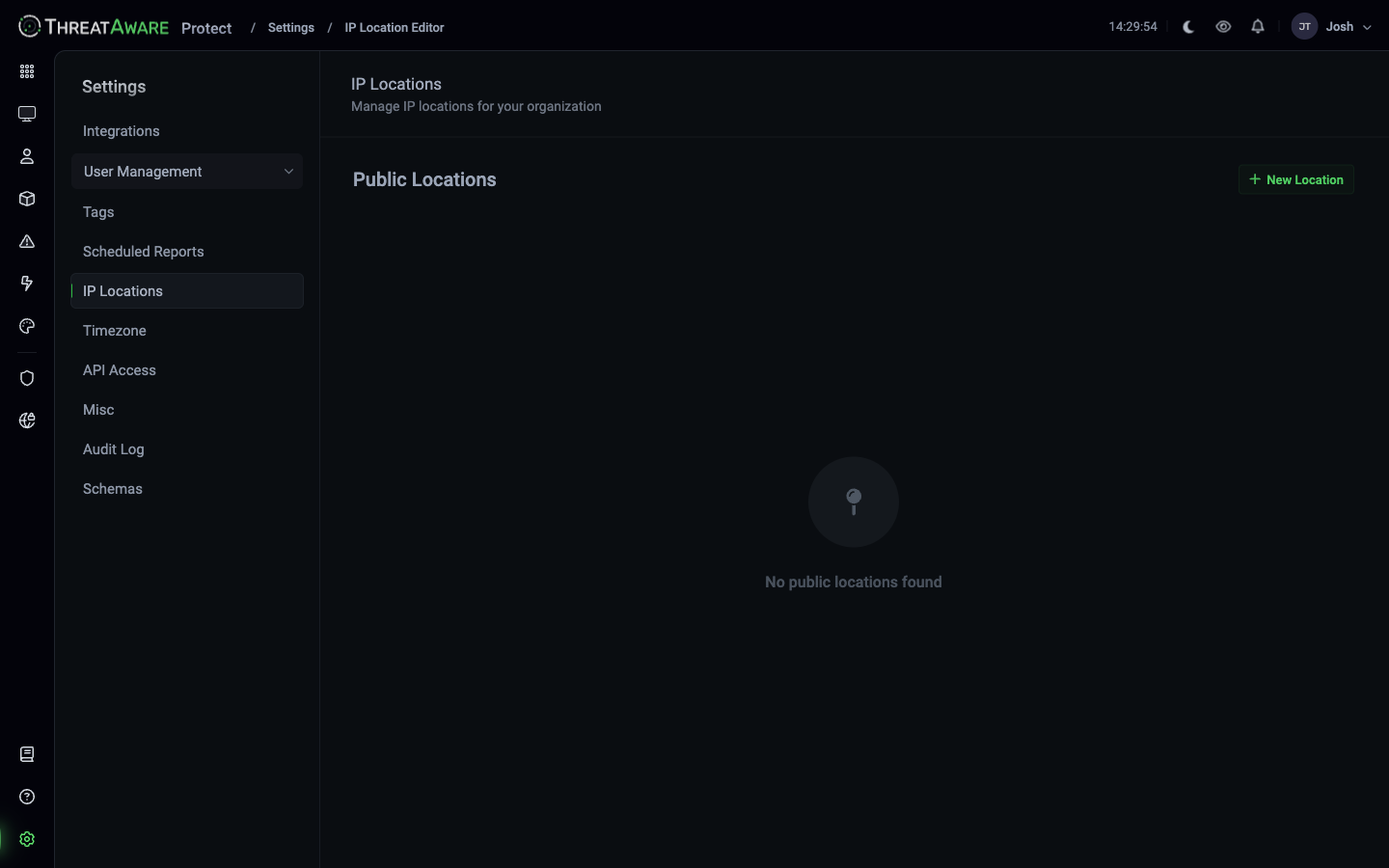 IP Locations page with Public Locations heading and No public locations found empty state