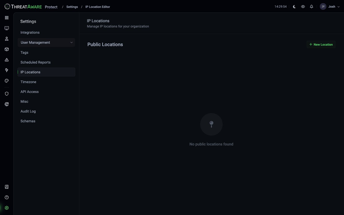 IP Locations page with Public Locations heading and No public locations found empty state