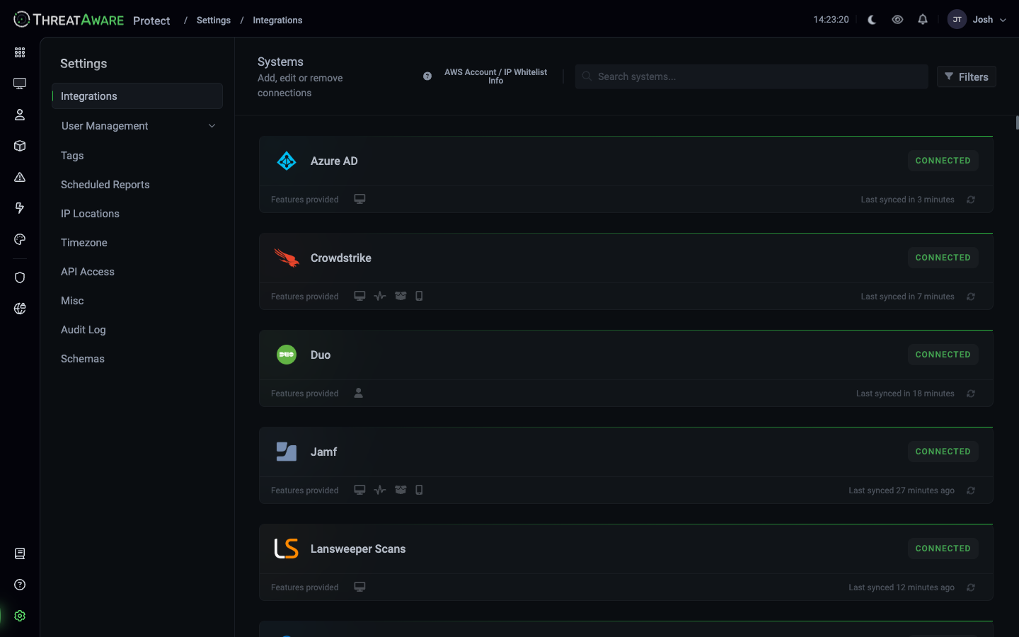 Integrations page showing Azure AD, CrowdStrike, Duo, Jamf, Lansweeper with CONNECTED status, feature icons, and last-synced timestamps