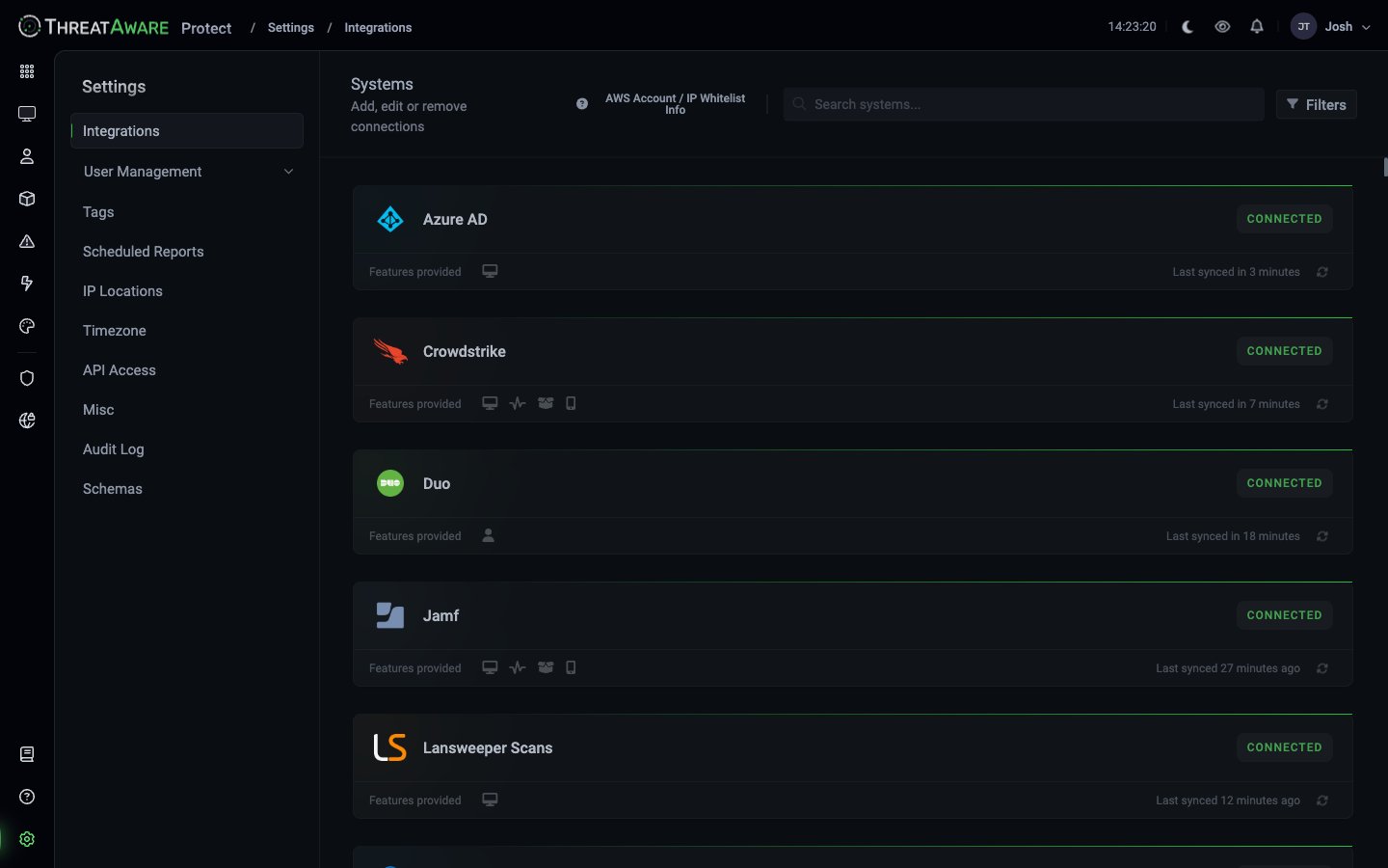 Integrations page showing Azure AD, CrowdStrike, Duo, Jamf, Lansweeper with CONNECTED status, feature icons, and last-synced timestamps