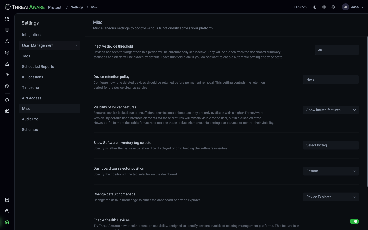 Misc settings showing Inactive device threshold (30), Device retention policy (Never), Visibility of locked features (Show locked features), Show Software Inventory tag selector (Select by tag), Dashboard tag selector position (Bottom), Change default homepage (Device Explorer), Enable Stealth Devices (toggle), Web access (Ask for permission)