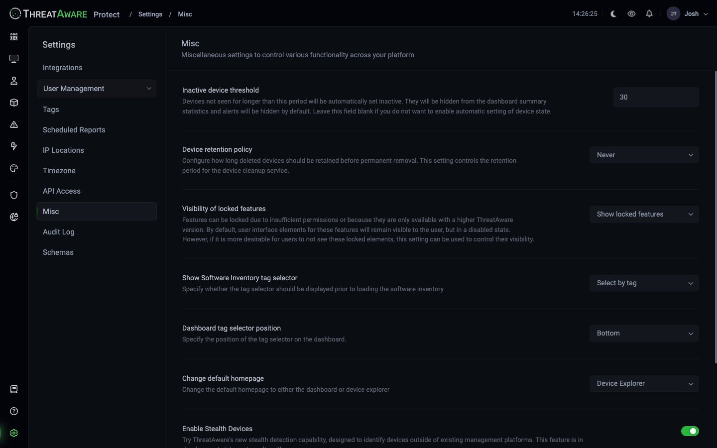Misc settings showing Inactive device threshold (30), Device retention policy (Never), Visibility of locked features (Show locked features), Show Software Inventory tag selector (Select by tag), Dashboard tag selector position (Bottom), Change default homepage (Device Explorer), Enable Stealth Devices (toggle), Web access (Ask for permission)