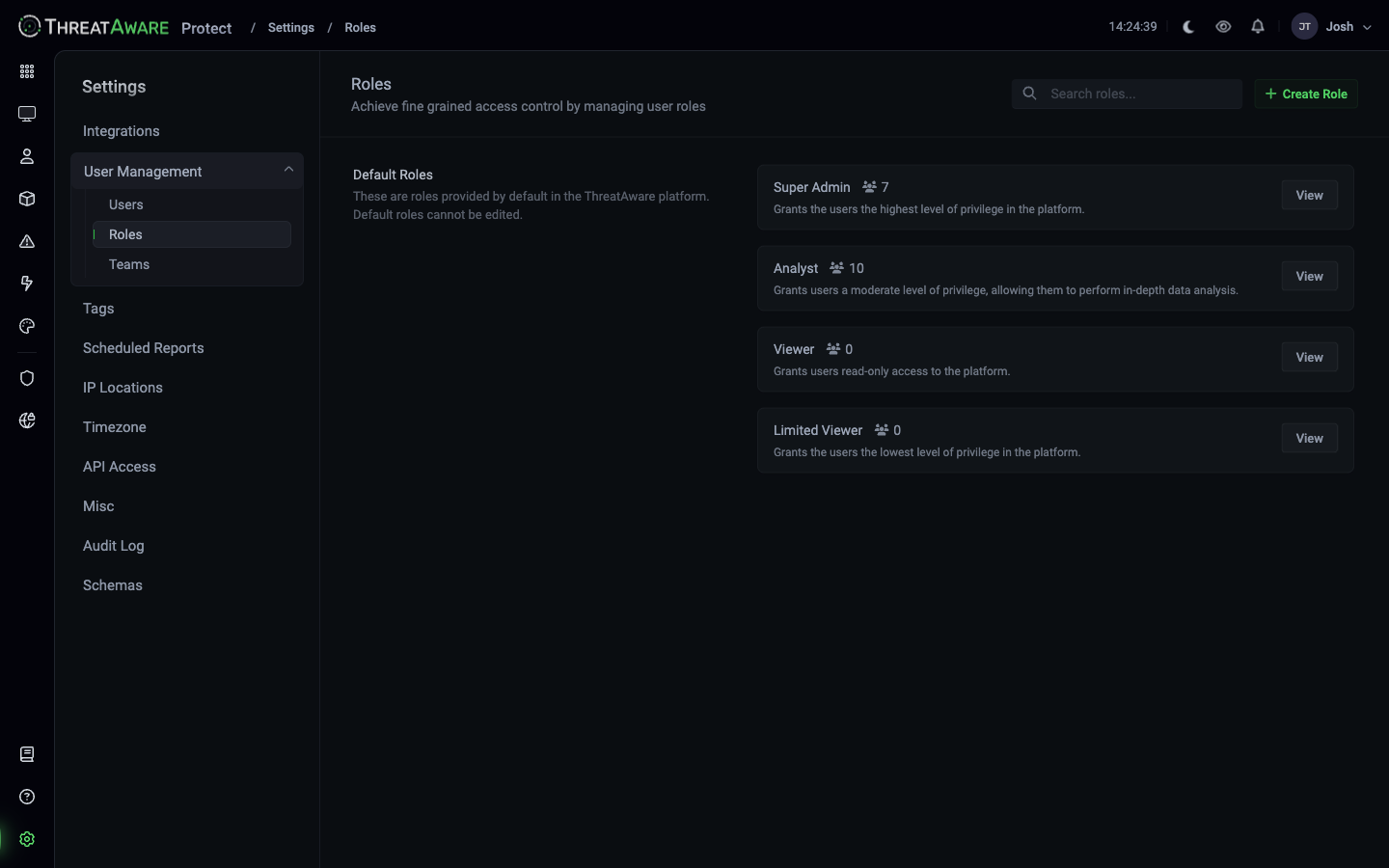 Roles page showing Super Admin, Analyst, Viewer, Limited Viewer with member counts