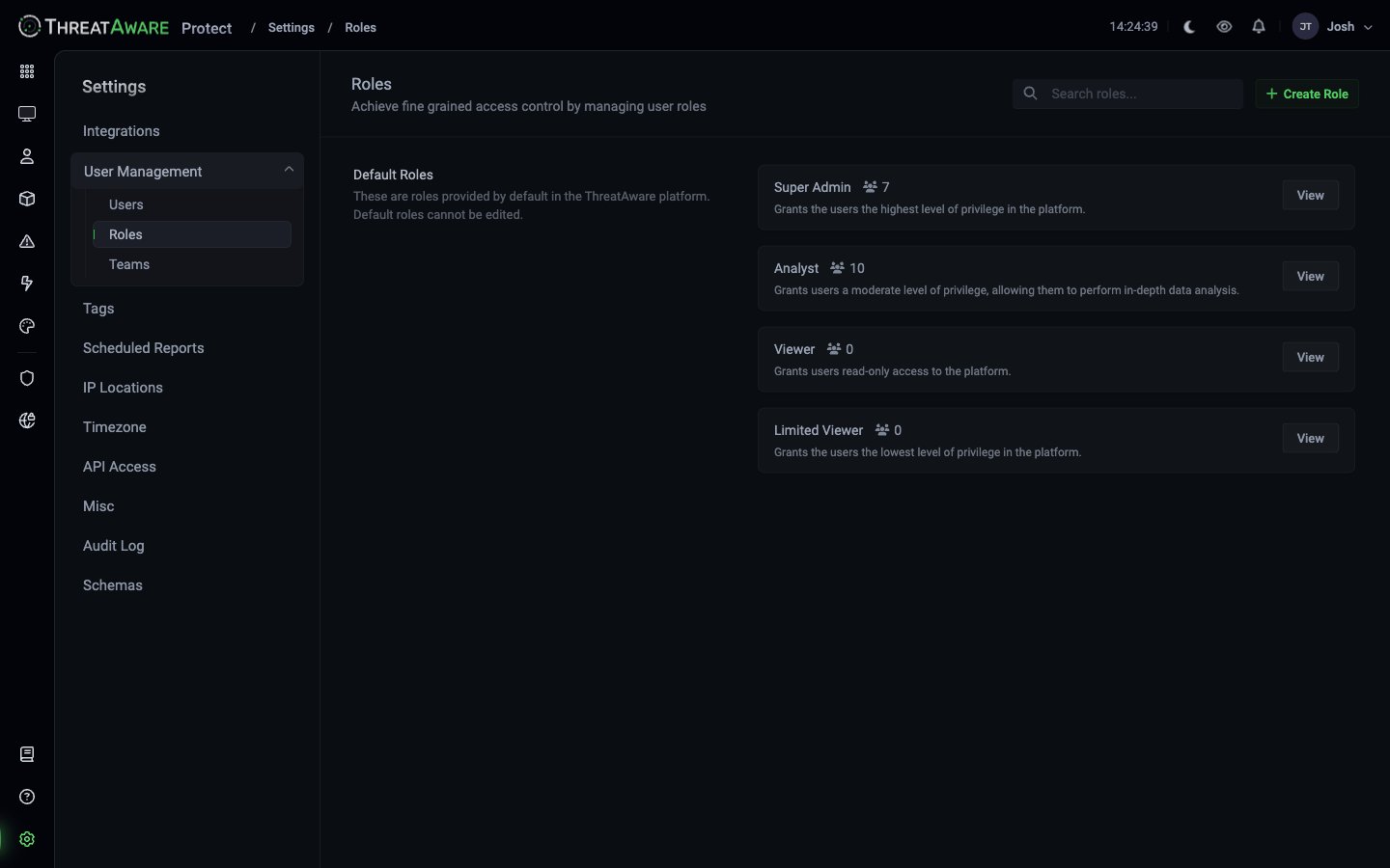 Roles page showing Super Admin, Analyst, Viewer, Limited Viewer with member counts