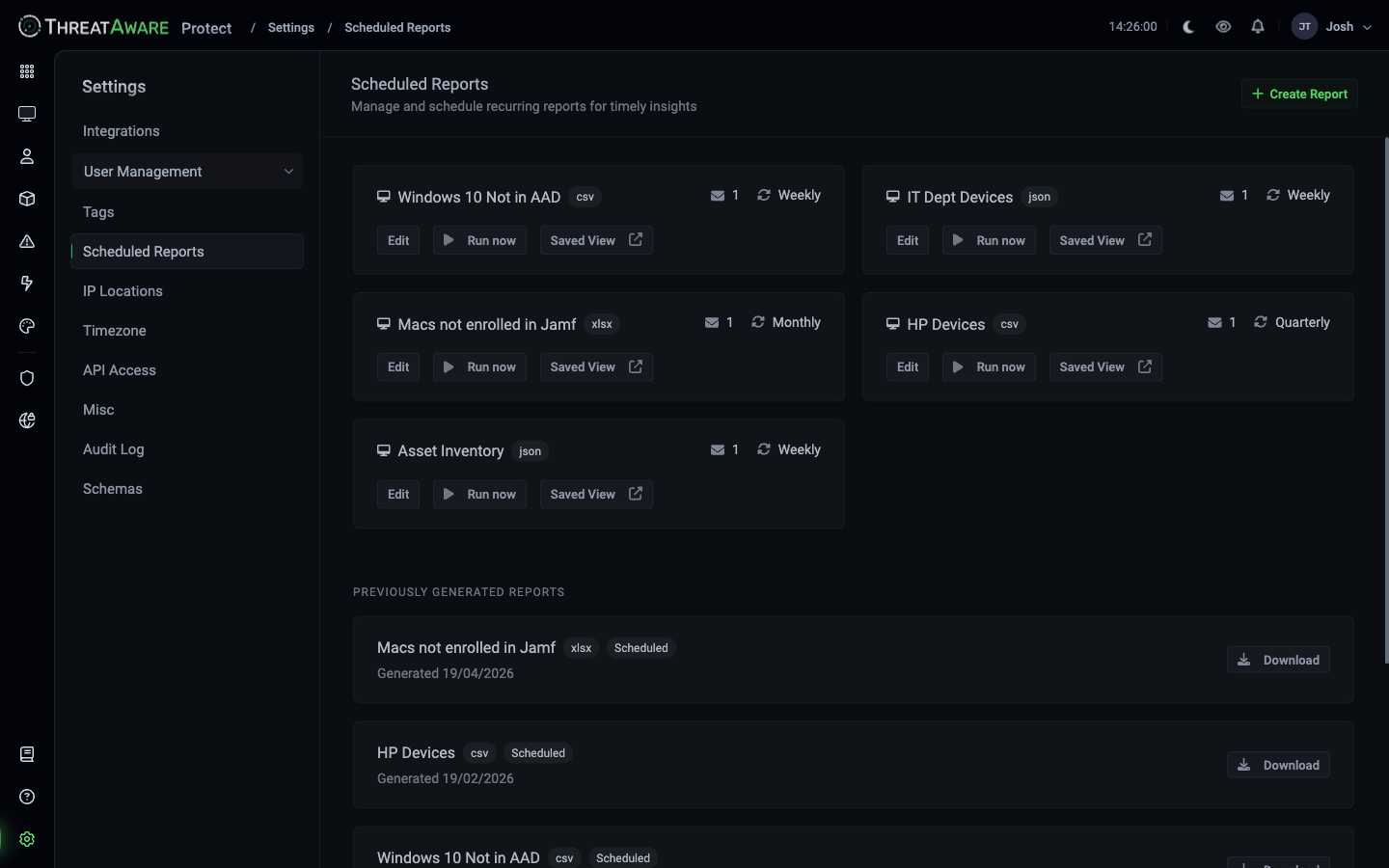 Scheduled Reports page with five active schedules — Macs not enrolled in Jamf (json weekly), HP Devices (xlsx monthly), Windows 10 Not in AAD (xlsx weekly), Asset Inventory (json monthly), IT Dept Devices (csv weekly)