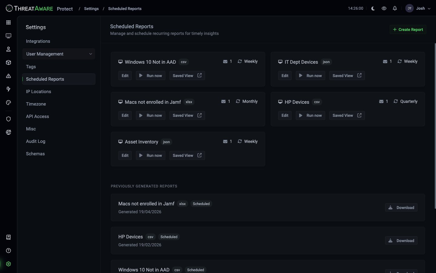Scheduled Reports page with five active schedules — Macs not enrolled in Jamf (json weekly), HP Devices (xlsx monthly), Windows 10 Not in AAD (xlsx weekly), Asset Inventory (json monthly), IT Dept Devices (csv weekly)