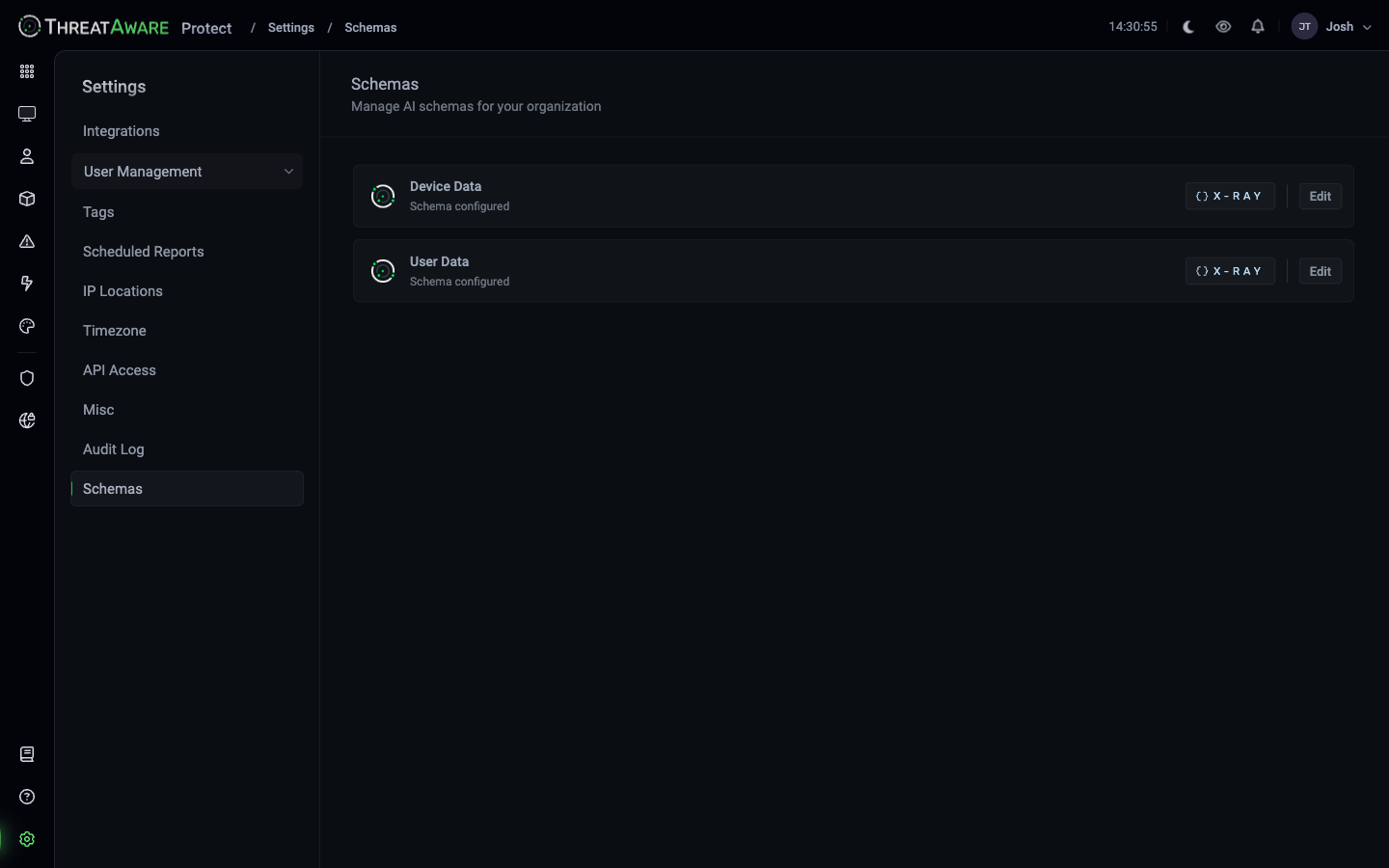 Schemas page with two rows — Device Data and User Data, each with Schema configured status, X-RAY button, Edit button