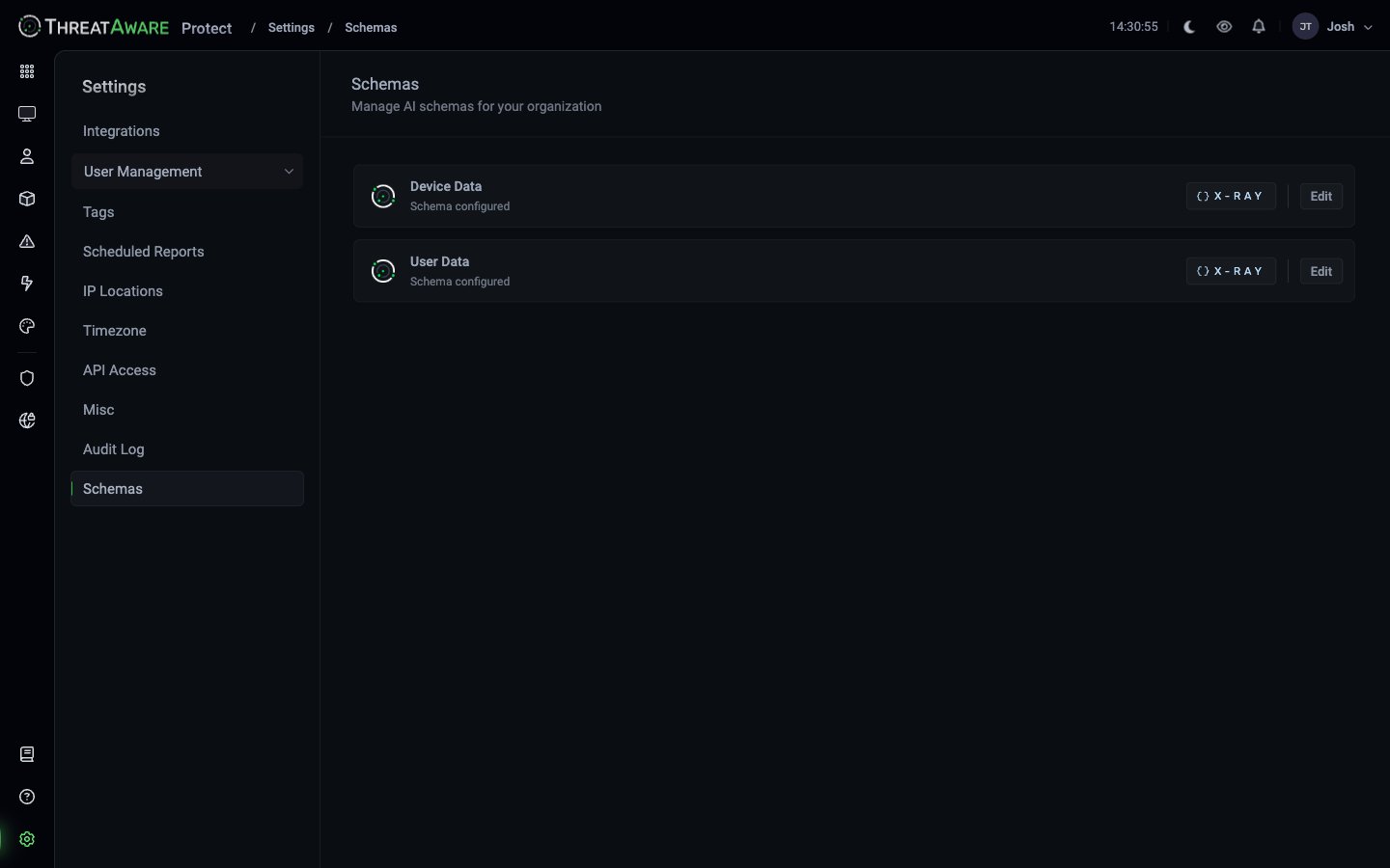 Schemas page with two rows — Device Data and User Data, each with Schema configured status, X-RAY button, Edit button