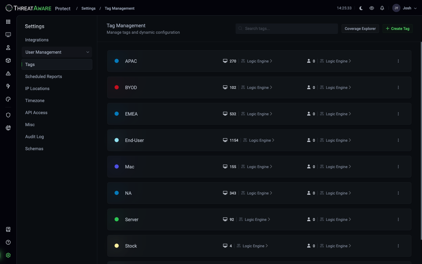 Tag Management showing APAC, BYOD, EMEA, End-User, Mac, NA, Server, Stock, VM with device counts and Logic Engine links