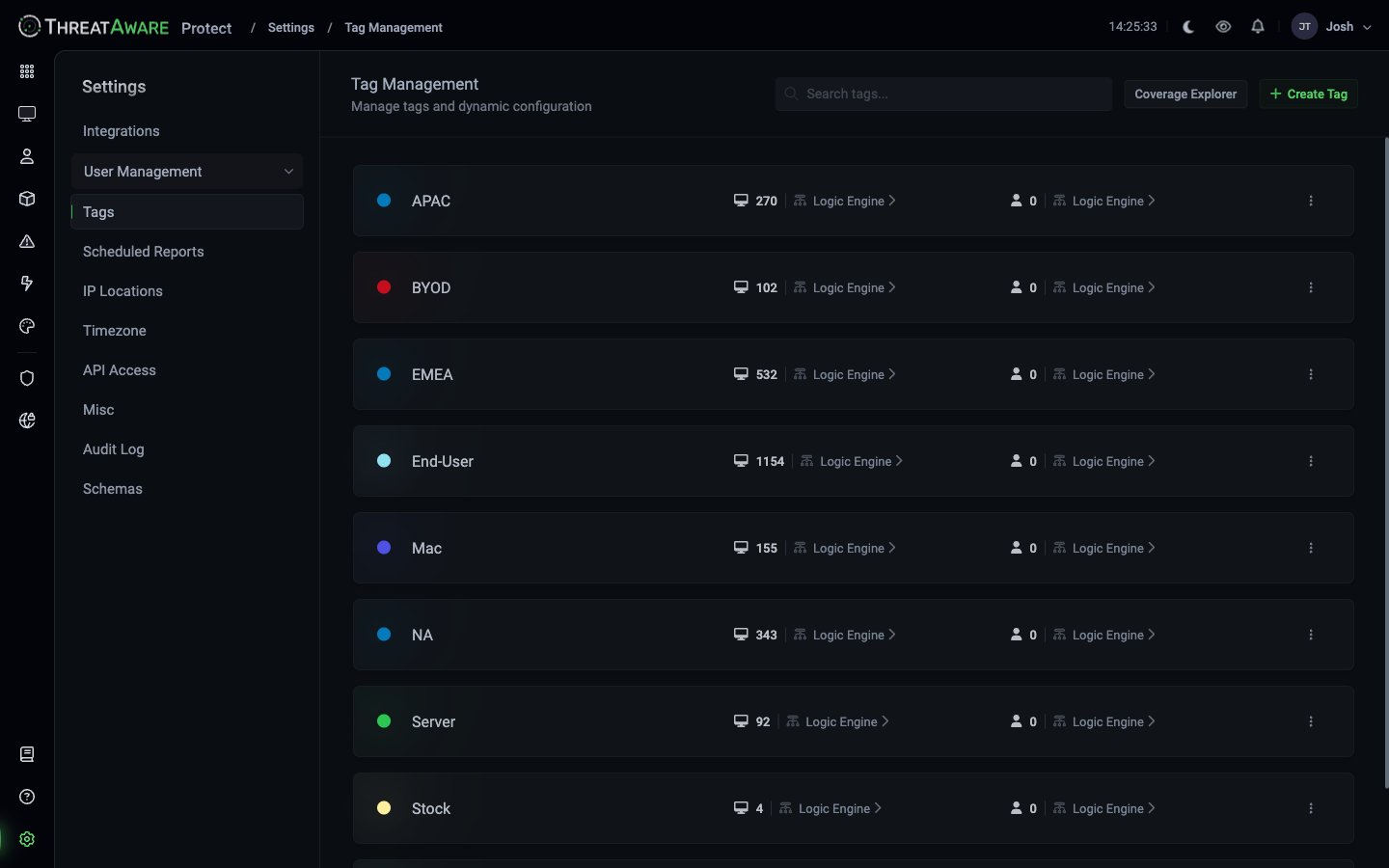 Tag Management showing APAC, BYOD, EMEA, End-User, Mac, NA, Server, Stock, VM with device counts and Logic Engine links