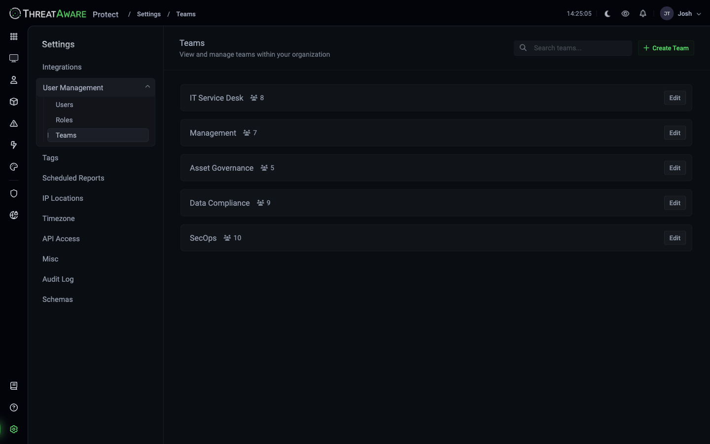 Teams page showing IT Service Desk (8), Management (7), Asset Governance (5), Data Compliance (9), SecOps (10)
