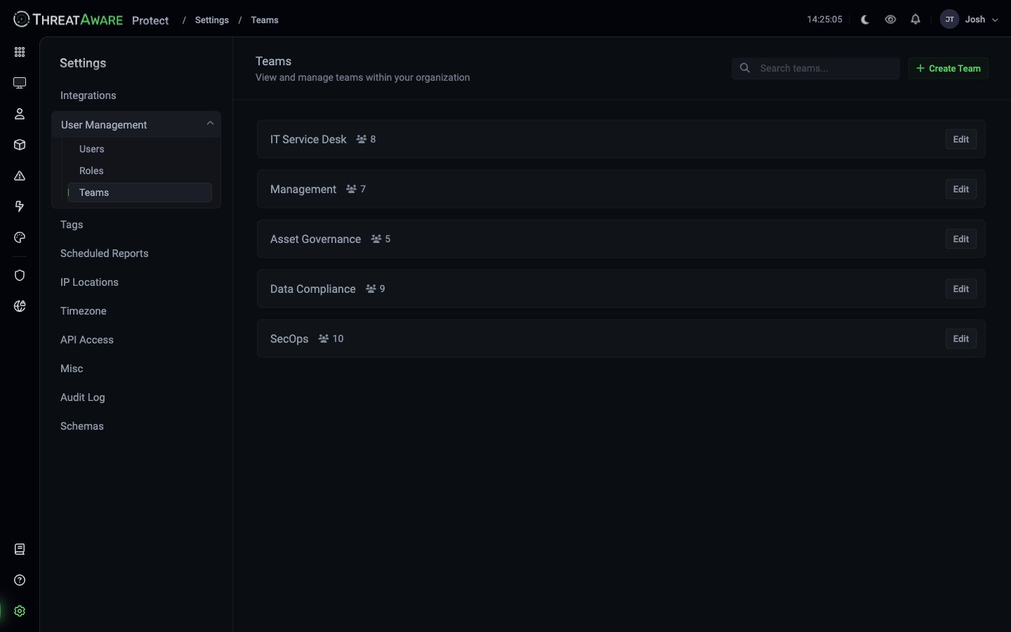 Teams page showing IT Service Desk (8), Management (7), Asset Governance (5), Data Compliance (9), SecOps (10)