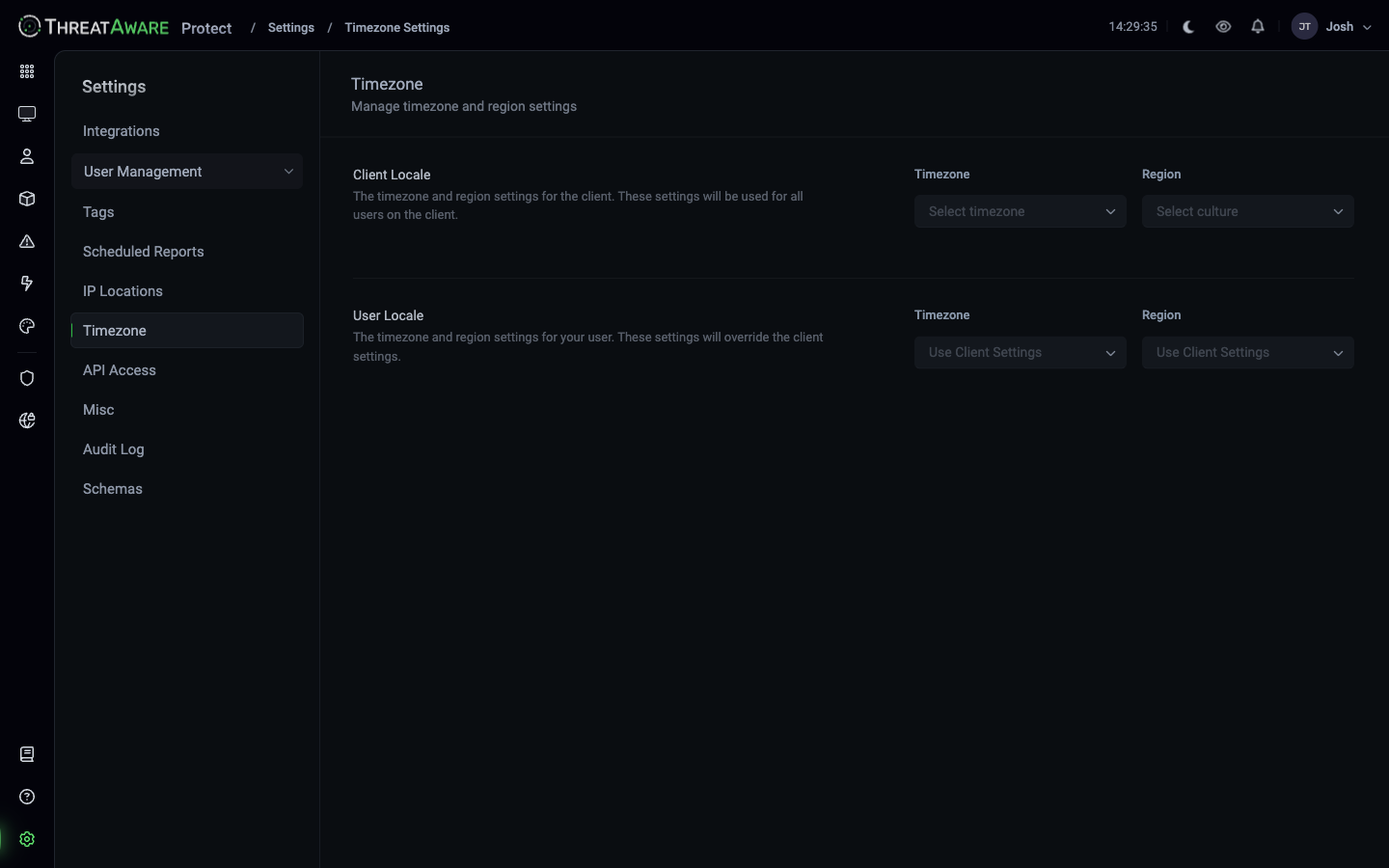 Timezone page with Client Locale (Timezone, Region) and User Locale (Use Client Settings) sections