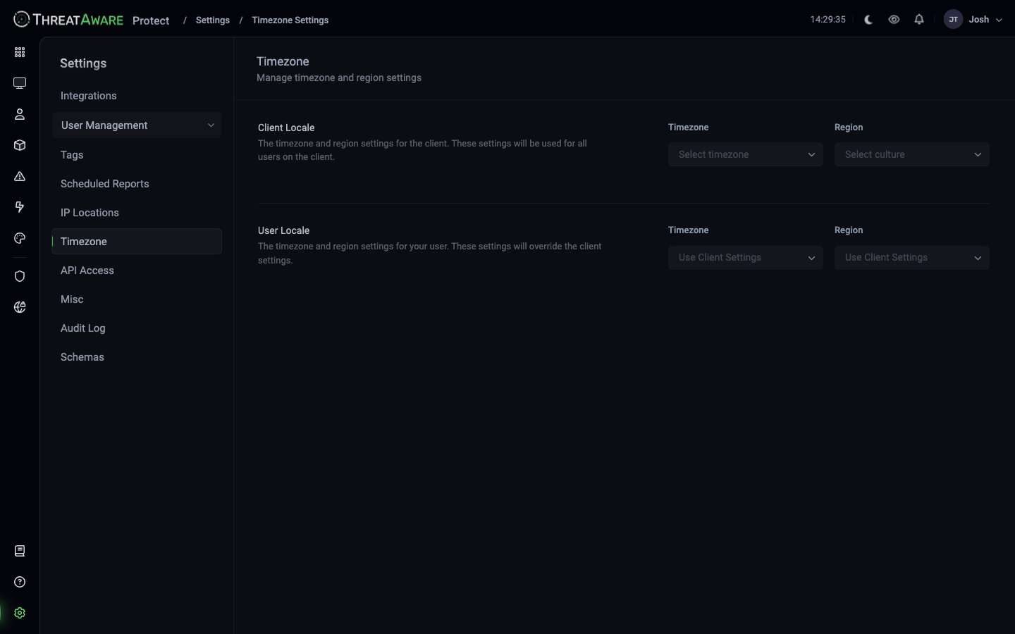 Timezone page with Client Locale (Timezone, Region) and User Locale (Use Client Settings) sections