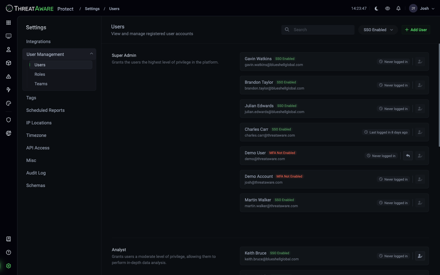 Users page grouped by role — Super Admin (Gavin Watkins, Brandon Taylor, Julian Edwards, Charles Carr, Demo User, Demo Account, Martin Walker) and Analyst (Keith Bruce)