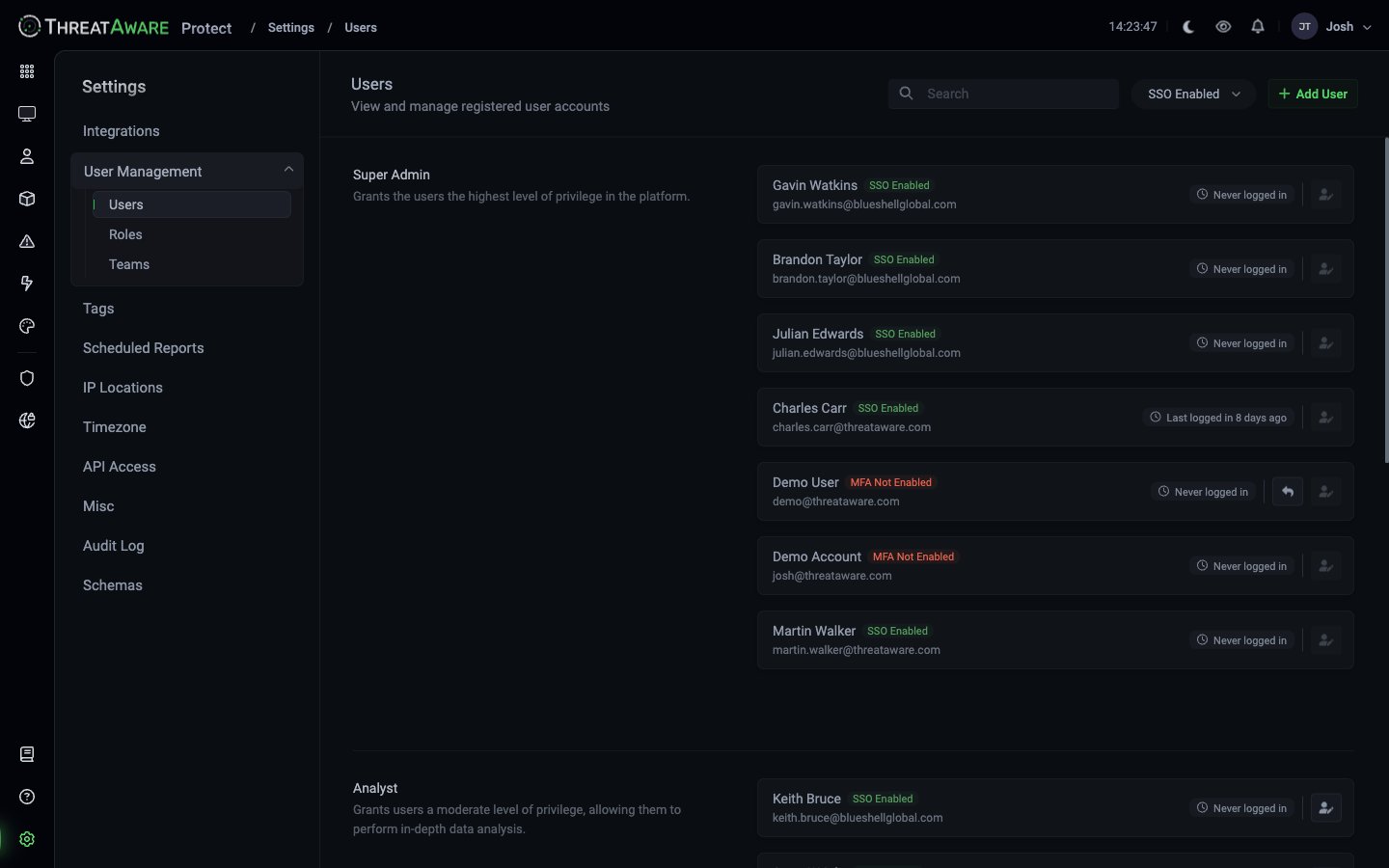 Users page grouped by role — Super Admin (Gavin Watkins, Brandon Taylor, Julian Edwards, Charles Carr, Demo User, Demo Account, Martin Walker) and Analyst (Keith Bruce)