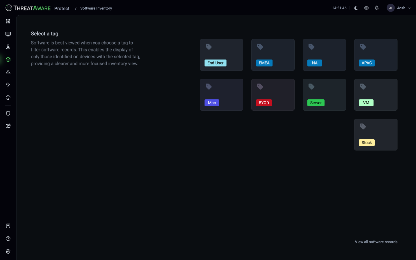 Software Inventory landing page asking the user to select a tag — APAC, BYOD, EMEA, End-User, Mac, NA, Server, VM, Stock