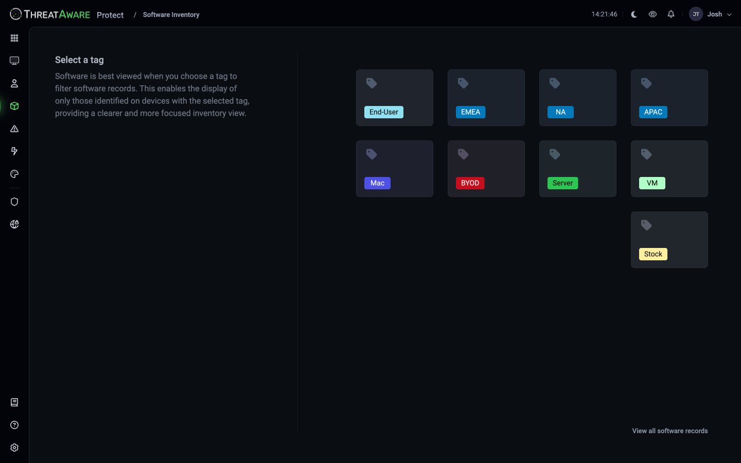 Software Inventory landing page asking the user to select a tag — APAC, BYOD, EMEA, End-User, Mac, NA, Server, VM, Stock