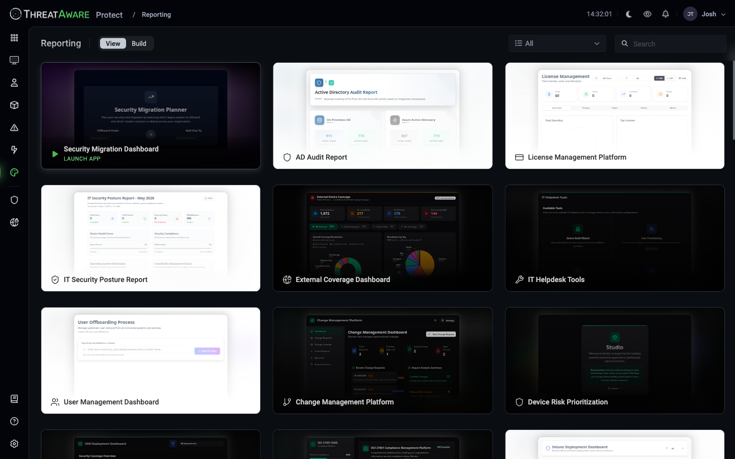 Reporting editor landing page showing nine apps including Security Migration Planner, AD Audit Report, License Management Platform, IT Security Posture Report