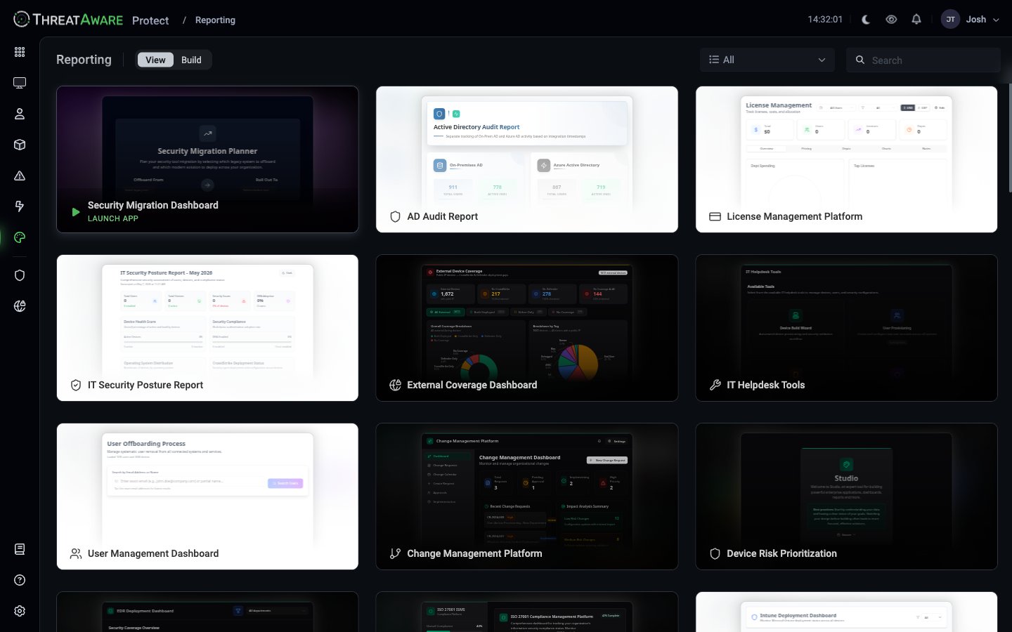 Reporting editor landing page showing nine apps including Security Migration Planner, AD Audit Report, License Management Platform, IT Security Posture Report