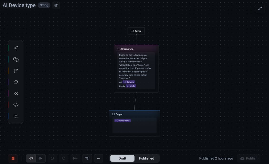 AI Device type column flow — a Device source node feeding an AI Transform node whose prompt classifies Workstation/Server/Unknown from the OsName and Model fields, ending in an Output node named aiTransform1