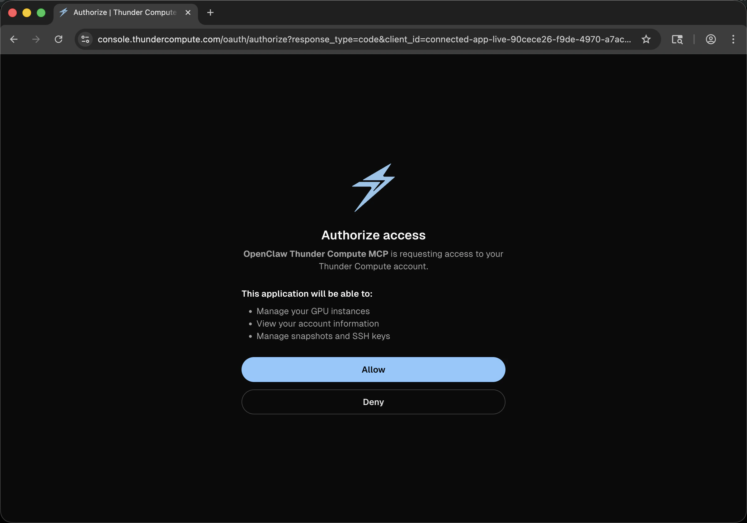 Thunder Compute browser approval screen