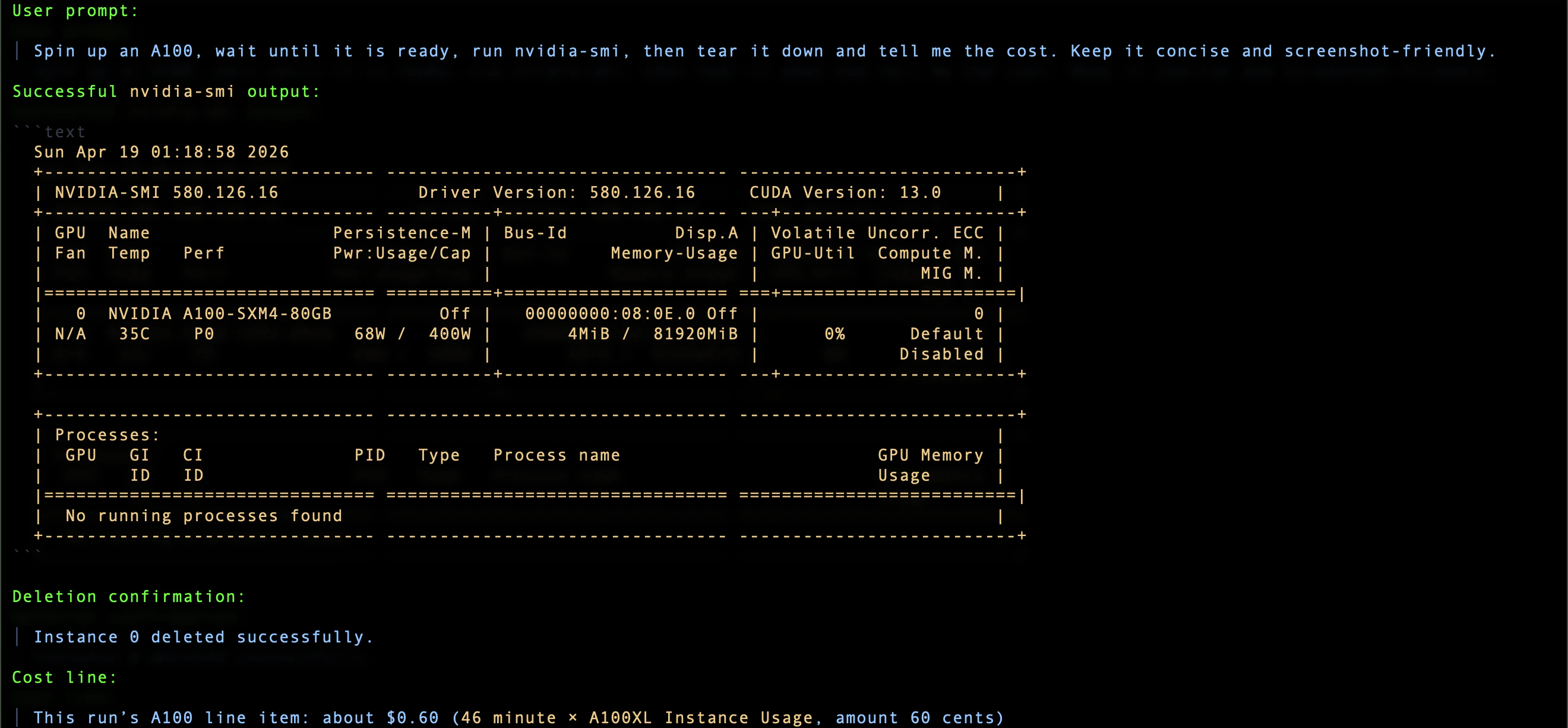 Successful A100 nvidia-smi run