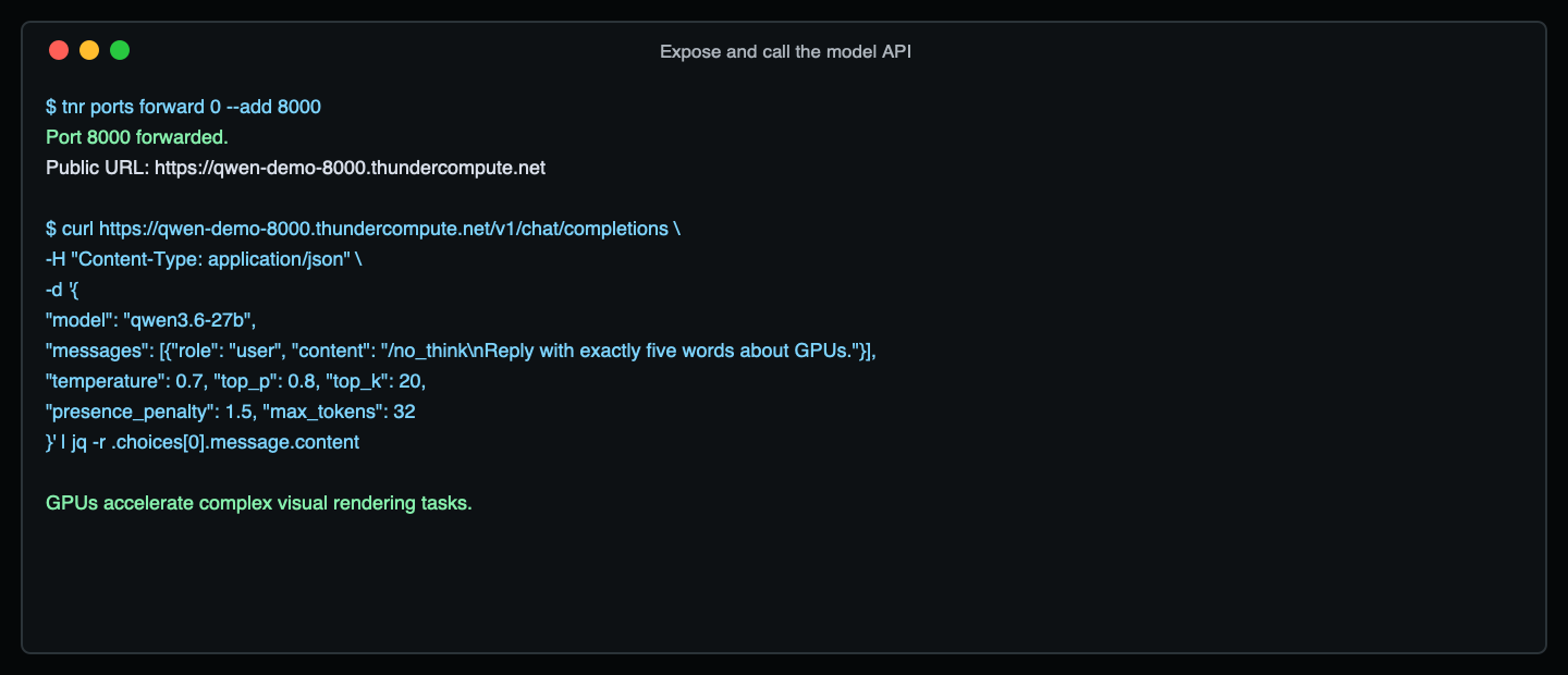 Call Qwen3.6 through the public Thunder Compute URL